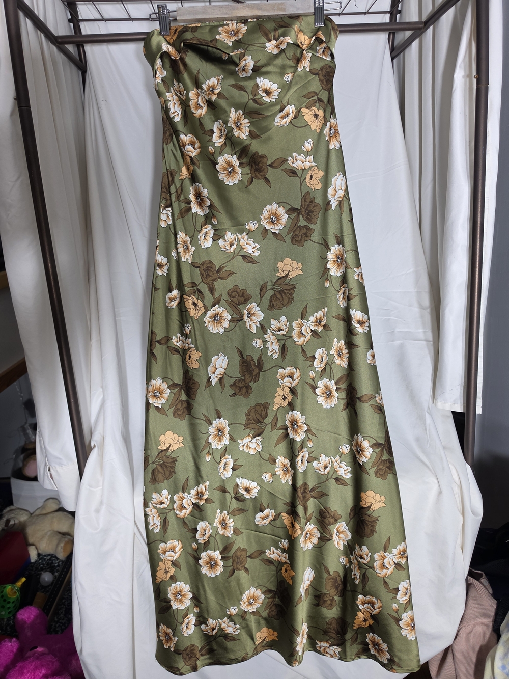 Olive Green Floral Dress - Women's Satin A-Line